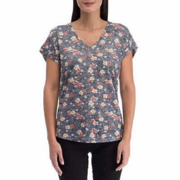Bobeau Woman Slub V-Neck Tee Short Sleeve Navy Floral Print Top Womens Sz Small - Picture 1 of 7